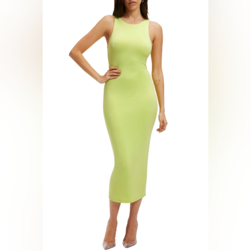 Good American. Khloé K. Good Touch Plunge Back Body-Con Midi Dress. Key Lime.